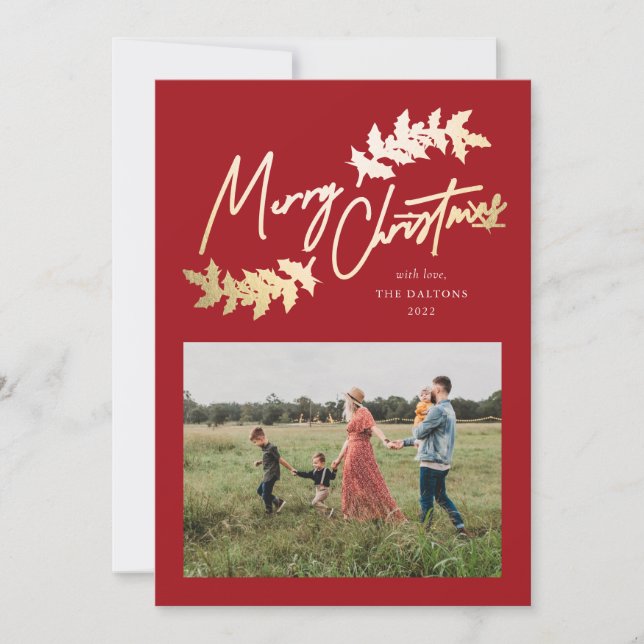 Elegant Script Red Gold Branches 2 Photo Christmas Holiday Card (Front)