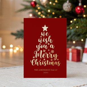 Elegant Script Red Gold Real Foil Merry Christmas Holiday Card