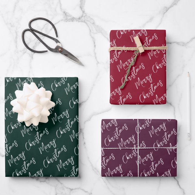 Elegant Script Red Green Purple Merry Christmas Wrapping Paper Sheet (Front)