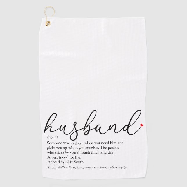 Elegant Script Red Love Heart Husband Definition  Golf Towel (Front)
