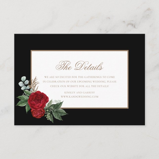 Elegant Script Red Peonies Black & Gold Details Enclosure Card (Front)