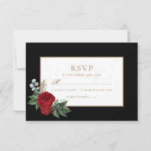 Elegant Script Red Peonies Black & Gold RSVP