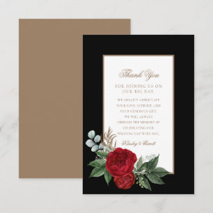 Elegant Script Red Peonies Black & Gold Thank You Card