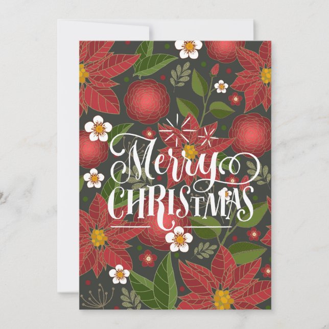 Elegant Script Red Poinsettia Floral Chic Business Holiday Card (Front)