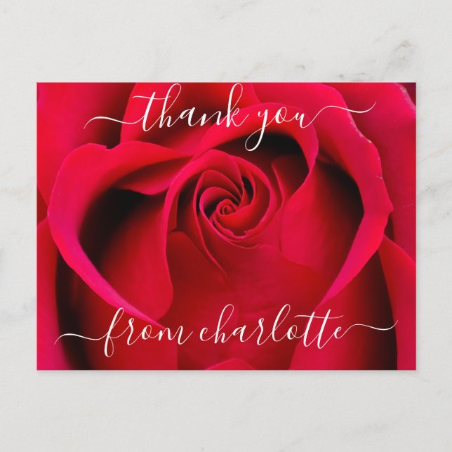 Elegant Script Red Rose Floral Thank You Postcard (Front)