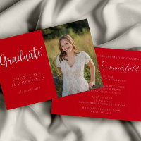 Elegant Script Red White Photo Graduation
