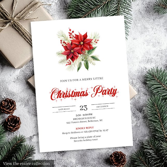 Elegant Script Red White Poinsettia Christmas  Invitation (Elegant Script Red White Poinsettia Christmas Invitation)