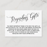 Elegant Script Regarding Gifts for the Wedding Enclosure Card<br><div class="desc">These elegant insert cards were designed to match other items in a growing event suite that features an elaborate swirling script over a plain background you can change to any colour you like. On the front side you read "Regarding Gifts" in the script; on the back I've placed a beautifully-rendered...</div>