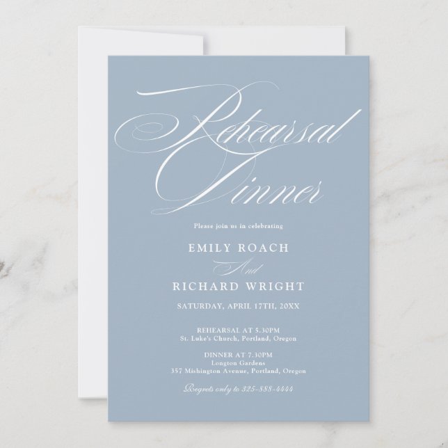 Elegant Script Rehearsal Dinner Dusty Blue Invitation (Front)