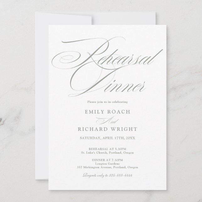 Elegant Script Rehearsal Dinner Sage Green Invitation (Front)