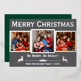 Elegant Script Reindeer Christmas Family 3 Photo Foil Holiday Card