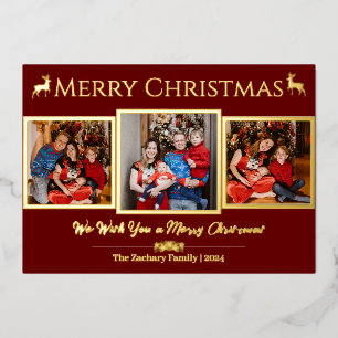 Elegant Script Reindeer Christmas Family 3 Photo Foil Holiday Card