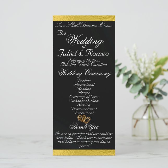 Elegant Script & Ribbon - Black/Gold Wedding Program (Standing Front)
