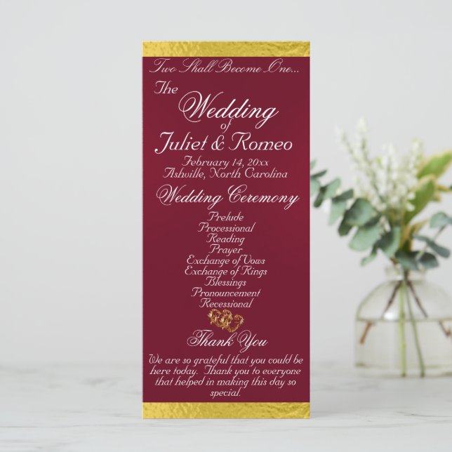 Elegant Script & Ribbon - Burgundy/Gold Wedding Program (Standing Front)