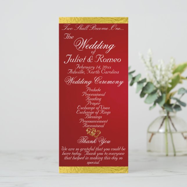 Elegant Script & Ribbon - Crimson/Gold Wedding Program (Standing Front)