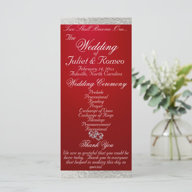 Elegant Script & Ribbon - Crimson/Silver Wedding Program (Standing Front)