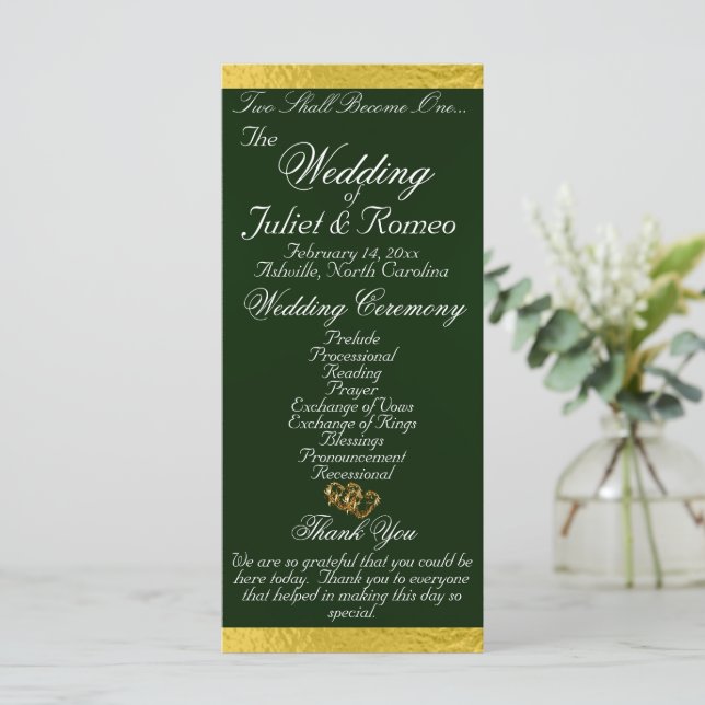 Elegant Script & Ribbon - Emerald/Gold Wedding Program (Standing Front)