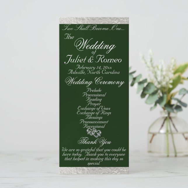 Elegant Script & Ribbon - Emerald/Silver Wedding Program (Standing Front)