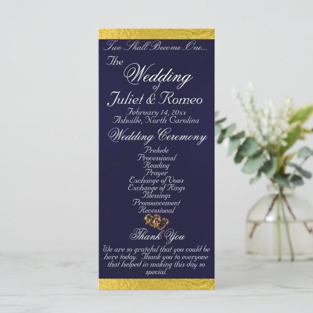 Elegant Script & Ribbon - Navy Blue/Gold Wedding Program (Standing Front)