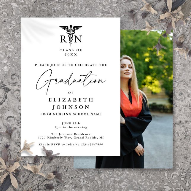 Elegant Script RN Nursing Photo Graduation Party Invitation (Elegant Script RN Nursing Photo Graduation Party Invitation)