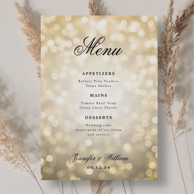 Elegant Script Romantic Wedding Gold Bokeh Lights  Menu (Elegant Script Romantic Wedding Gold Bokeh Lights Menu)