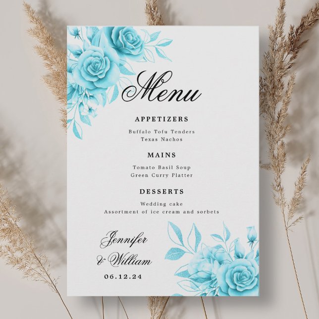 Elegant Script Romantic Wedding Turquoise Floral  Menu (Elegant Script Romantic Wedding Turquoise Floral Menu)