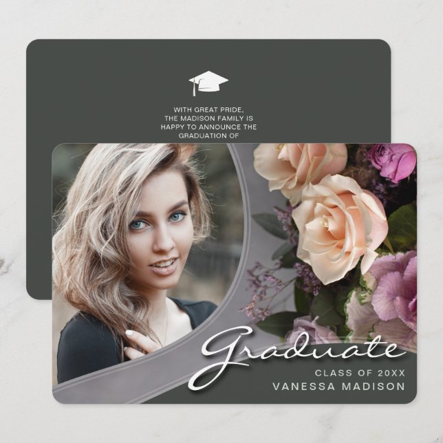 Elegant Script Rose Flowers | Modern Photo Grad An Announcement (Front/Back)