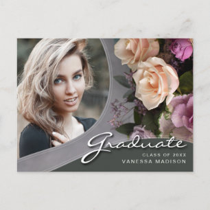 Elegant Script Rose Flowers Modern Photo Grad Postcard