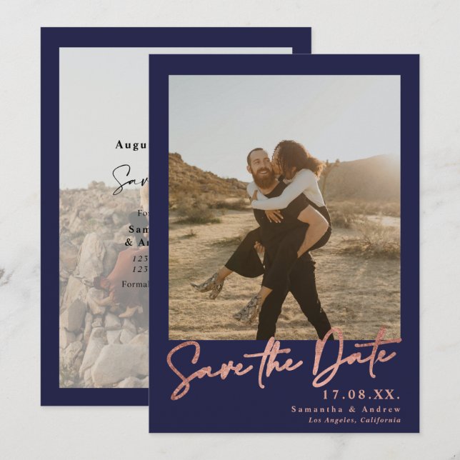 Elegant script rose gold 2 photos save the date (Front/Back)