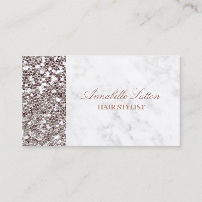 Elegant Script Rose Gold Glitter Marble Business Card (Front)