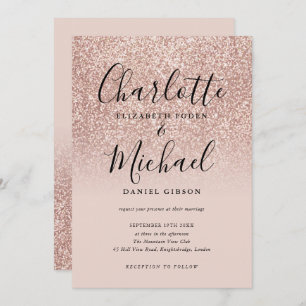 Elegant Script Rose Gold Glitter Wedding Invitation