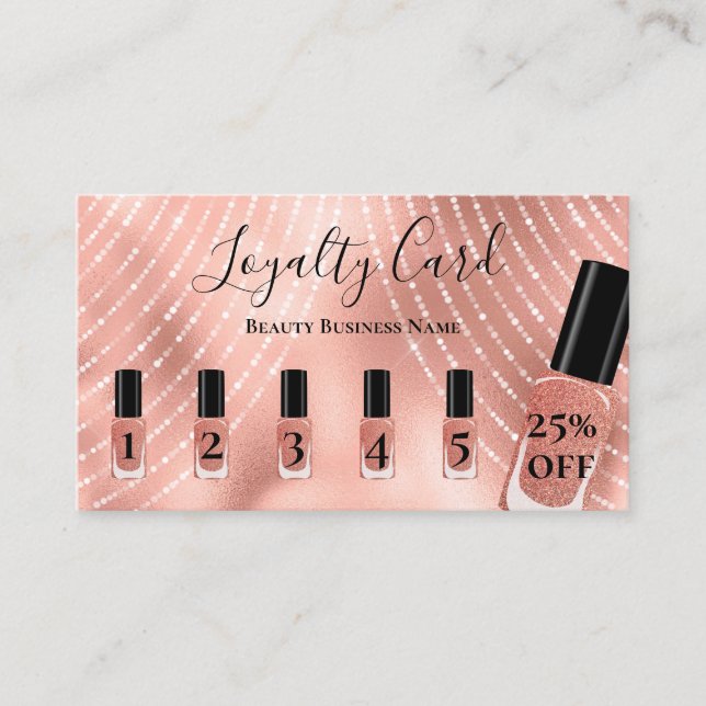 Elegant Script Rose Gold Nail Customer Loyalty Business Card (Front)