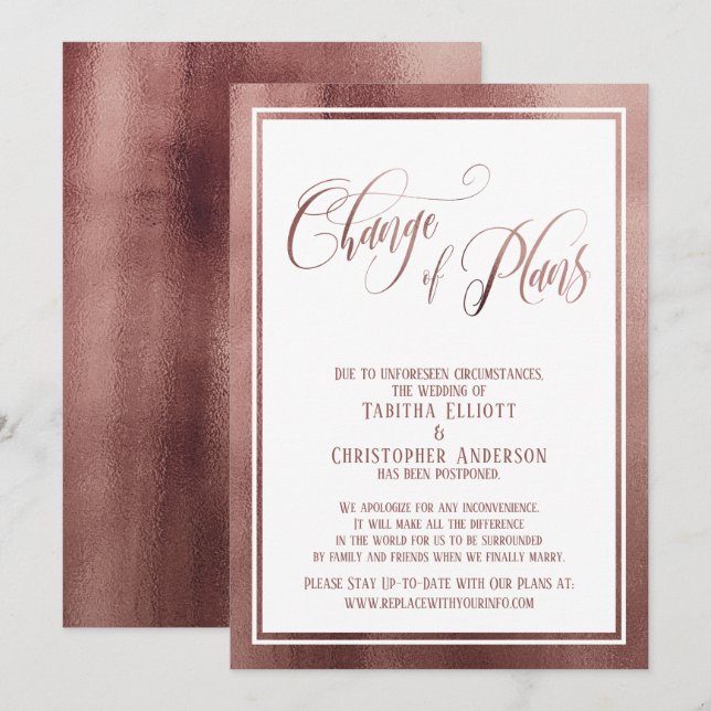Elegant Script Rose Gold Postponed Wedding Card (Front/Back)