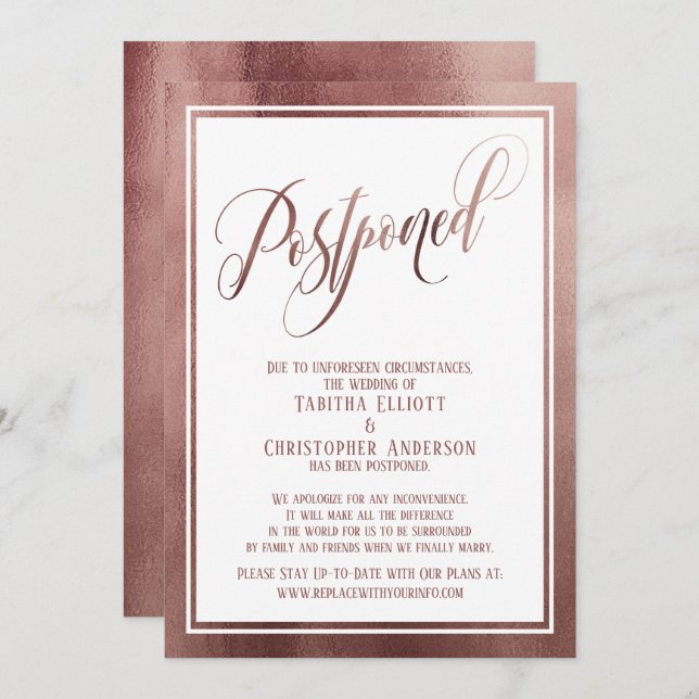 Elegant Script Rose Gold Postponed Wedding Card (Front/Back)