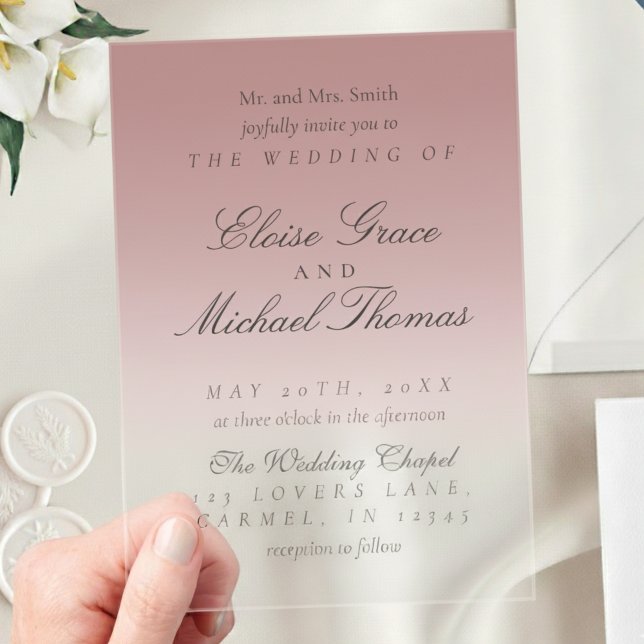 Elegant Script Rose Pink Gradient Wedding Acrylic Invitations (Invite guests to your big day with this Elegant Script Gradient Wedding Acrylic Invitation!)