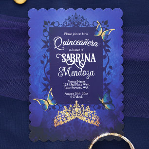 Elegant Script, Royal Blue Quinceanera, Gold Tiara Invitation