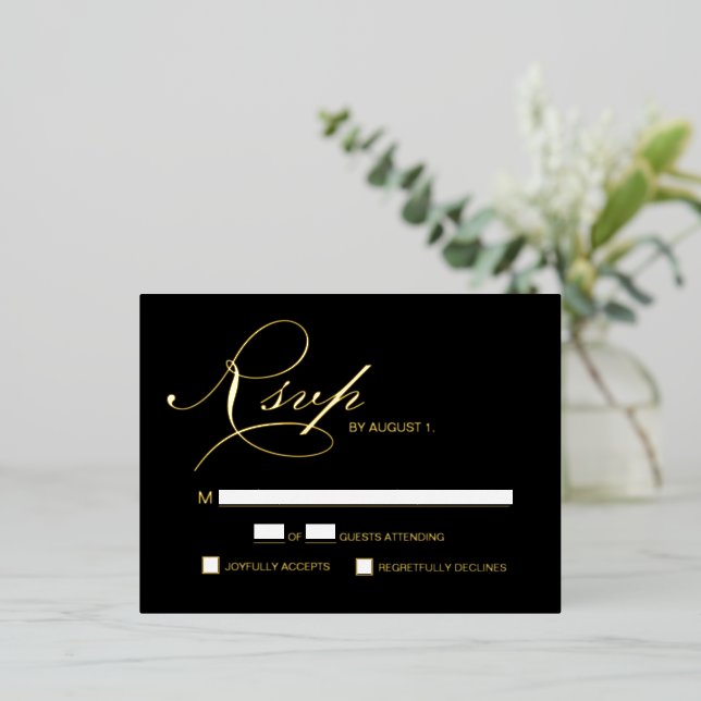 Elegant Script RSVP Gold metallic Wedding Foil Holiday Postcard (Standing Front)