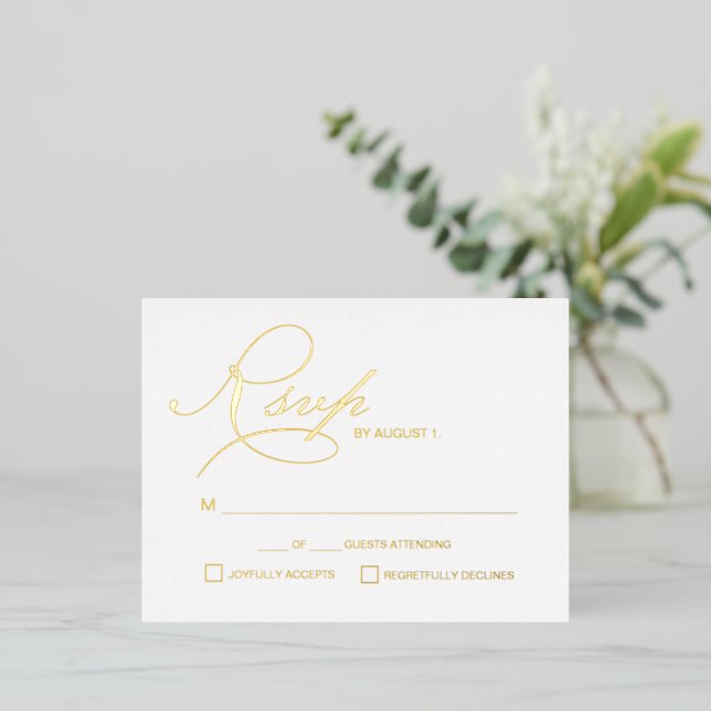 Elegant Script RSVP Gold metallic Wedding Foil Holiday Postcard (Standing Front)