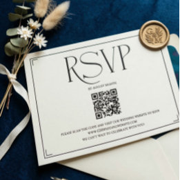 Elegant Script RSVP QR Code Black White Wedding Card