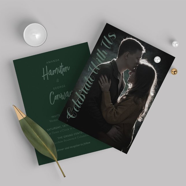 Elegant Script Rustic Green Photo Wedding  Invitation (Creator Uploaded)