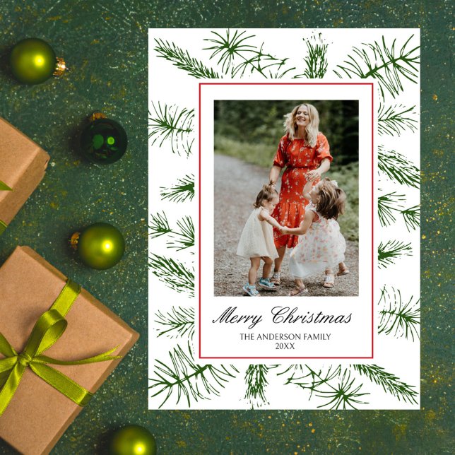 Elegant Script Rustic Pine Boho Photo Christmas Holiday Card (Rustic Pine Boho Elegant Script Christmas Card)