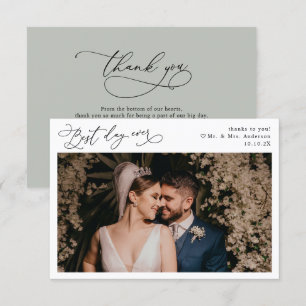 Elegant Script Rustic Sage Green Wedding Photo Thank You Card