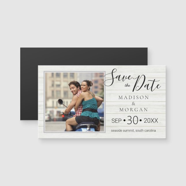 Elegant Script Rustic Wood Modern Photo Magnet (Front/Back)