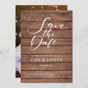 Elegant Script Rustic Wood Photo Wedding Save The Date