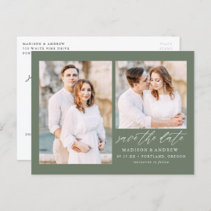 Elegant Script Sage Green 2 Photo Save the Date Announcement Postcard