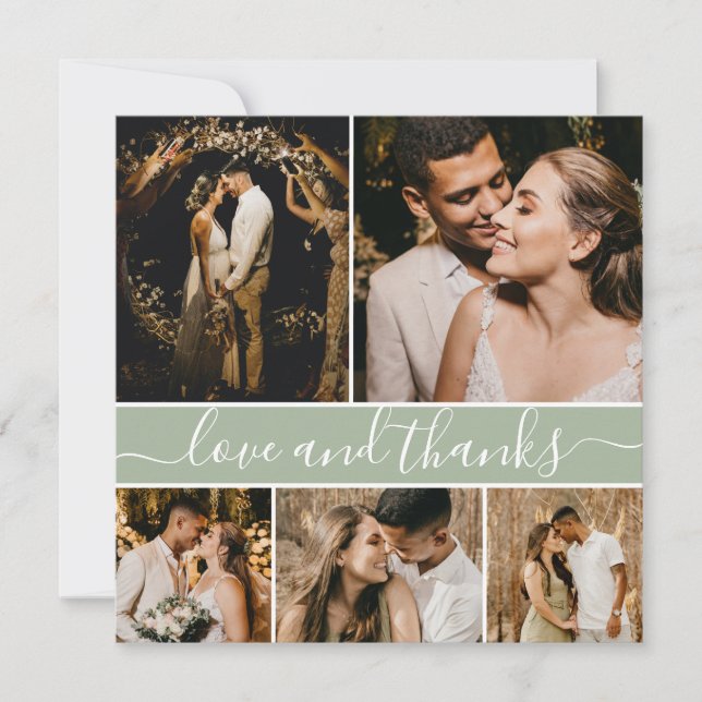 Elegant Script Sage Green 5 Photo Collage Wedding Thank You Card (Front)