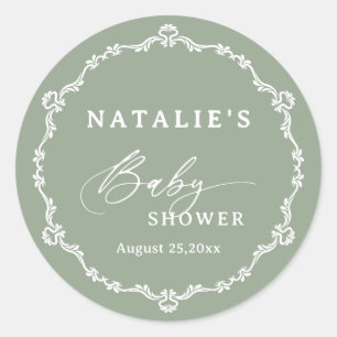 Elegant Script Sage Green Baby Shower Classic Round Sticker