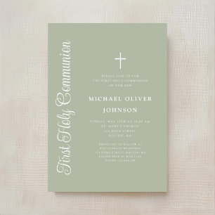 Elegant Script Sage Green Boy First Communion Invitation