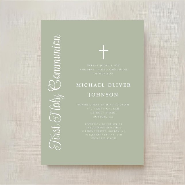 Elegant Script Sage Green Boy First Communion Invitation (Creator Uploaded)