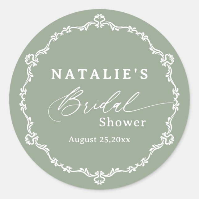 Elegant Script Sage Green Bridal Shower Classic Round Sticker (Front)